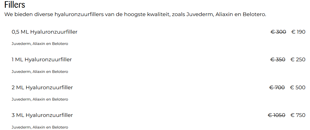 Tarieven fillers Ageworth
